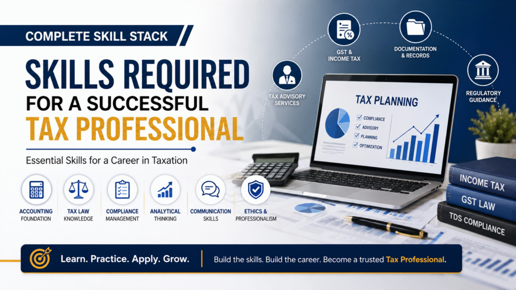 Banner listing skills for tax professionals: accounting, tax law, compliance, analytical thinking, communication, ethics & professionalism with icons and a laptop screen showing tax planning charts.