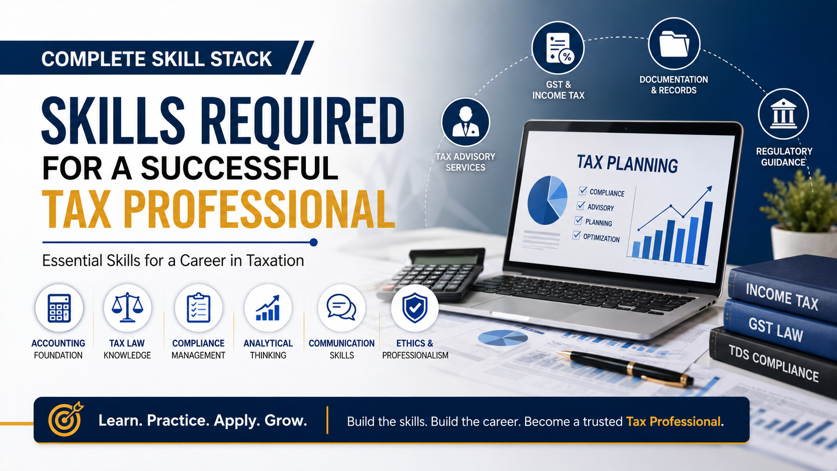 Banner listing skills for tax professionals: accounting, tax law, compliance, analytical thinking, communication, ethics & professionalism with icons and a laptop screen showing tax planning charts.