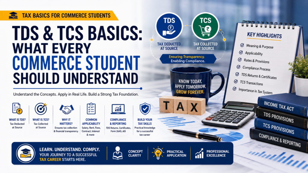 Banner about TDS & TCS basics for commerce students with icons, mug, books, and checklist of topics to study.