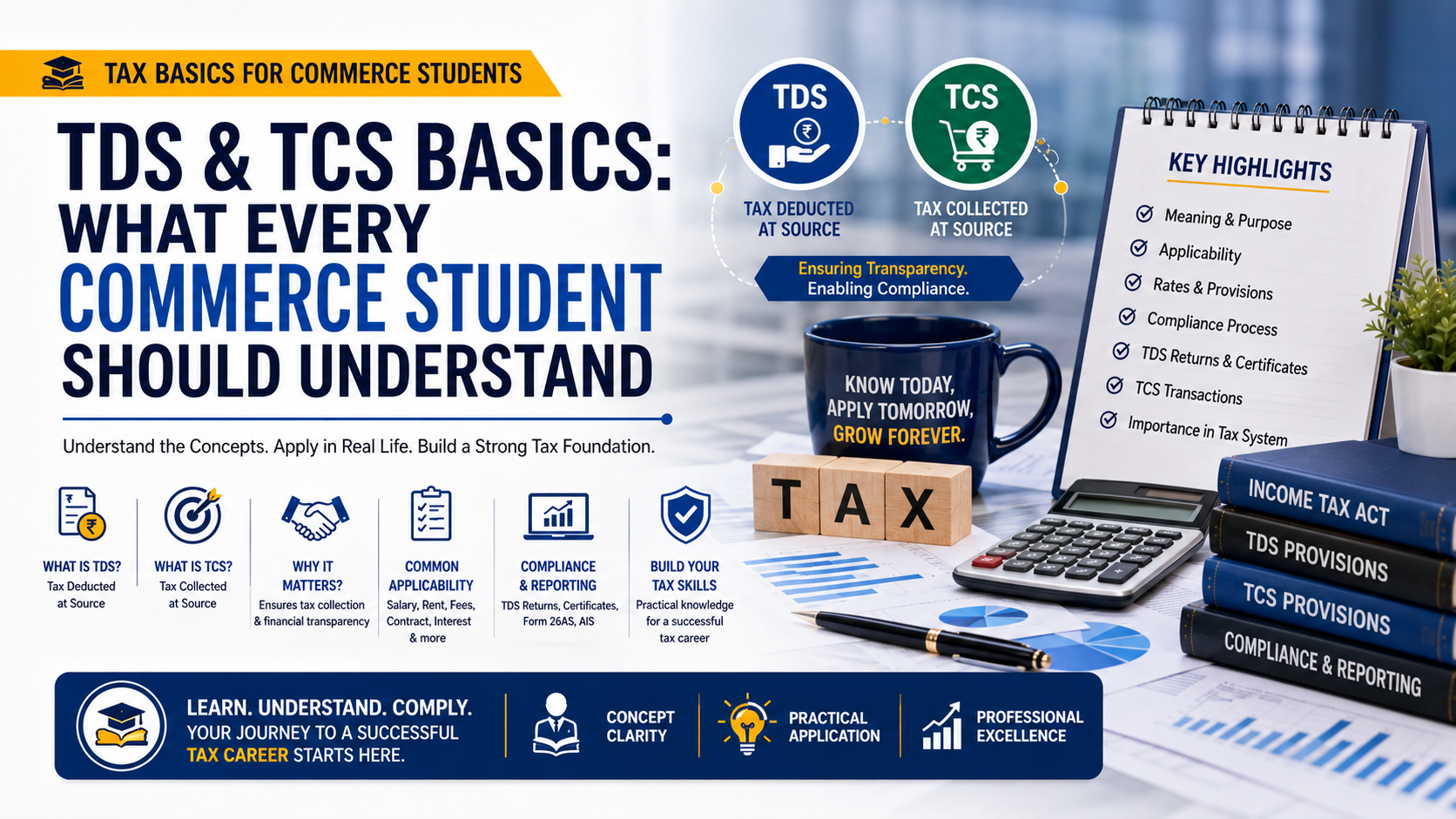 Banner about TDS & TCS basics for commerce students with icons, mug, books, and checklist of topics to study.