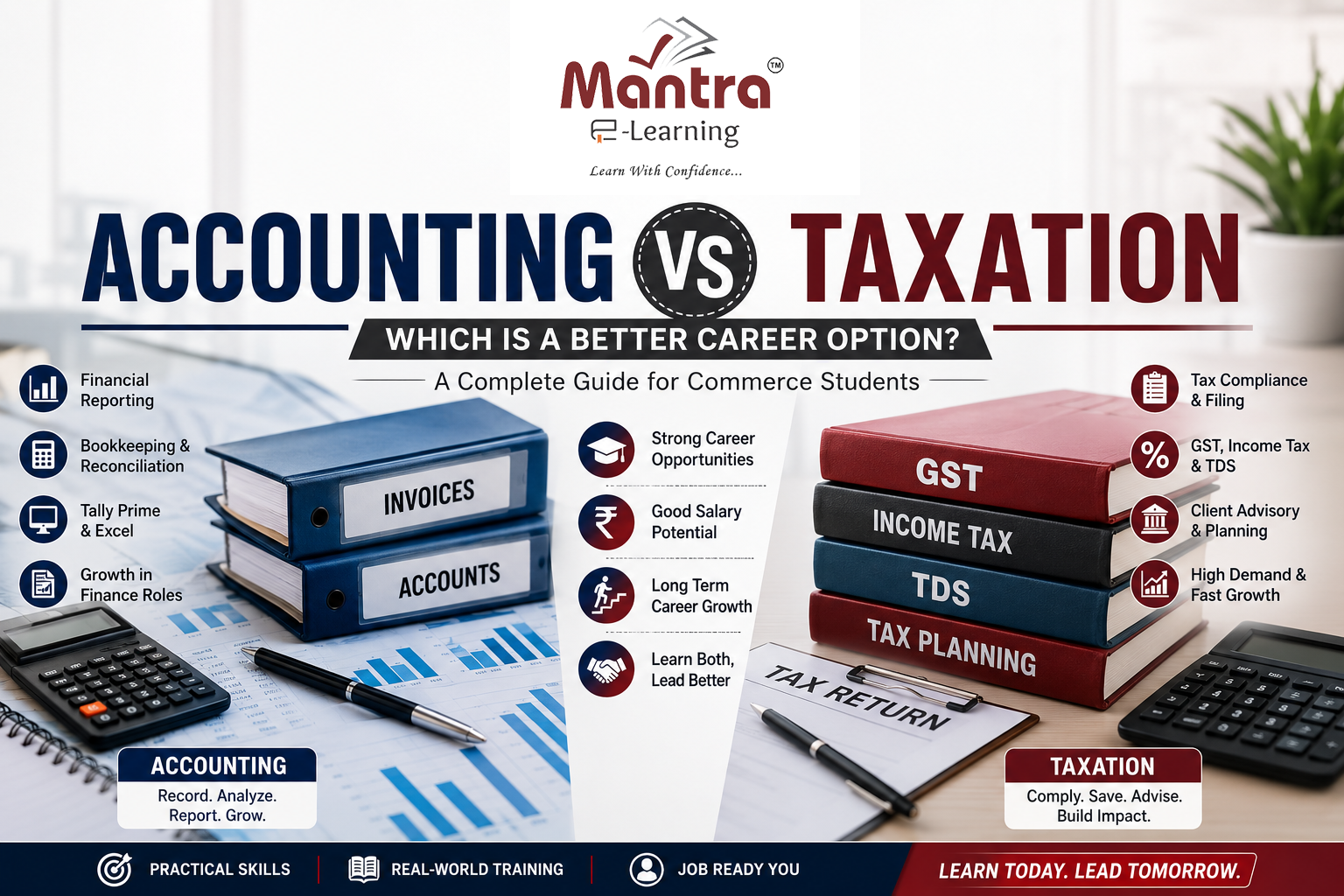 Infographic comparing Accounting vs Taxation with book stacks, charts, and career-benefit icons for students.