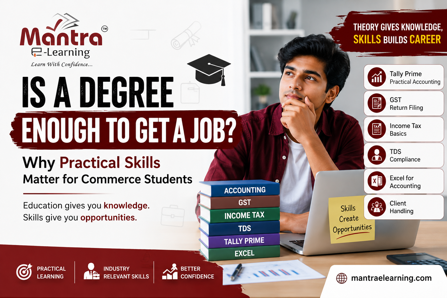 Promotional banner for Mantra E-Learning with a thoughtful student beside a stack of accounting books and a laptop on a desk.